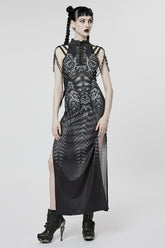 Robe gothique noire à imprimé avec laçage et fente latérale pour femmes avec chaîne